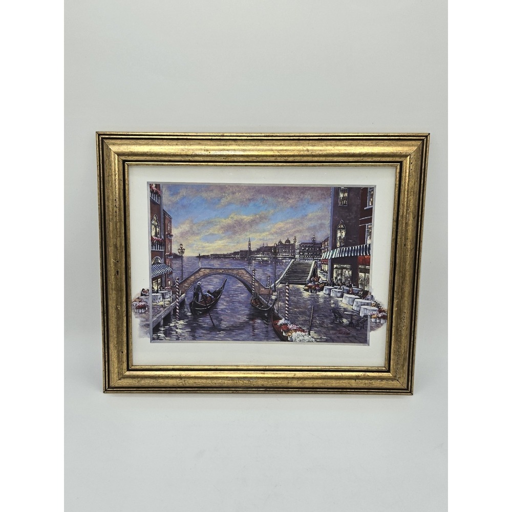 Vintage Venice Canal Print Framed Wall Art Gondola Landscape Gold Tone Frame
